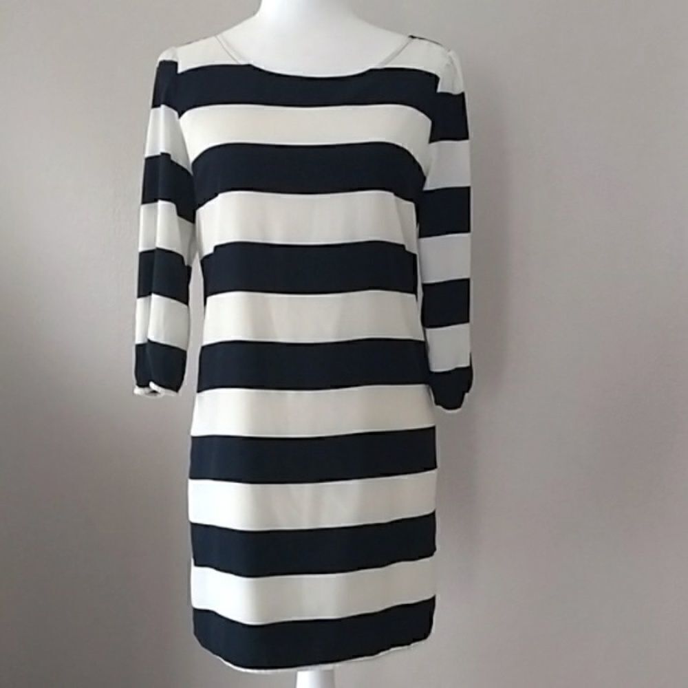 Francesca's Striped Dress Navy Blue & Cream Zip Back, Size Small‎
